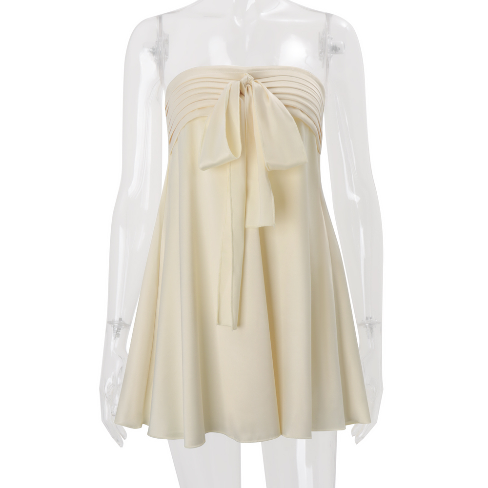 Wholesale Solid Natural Breathable Elegant Satin Strapless Collarless Bowknot Tie Front Mini A-Line Women's Dresses