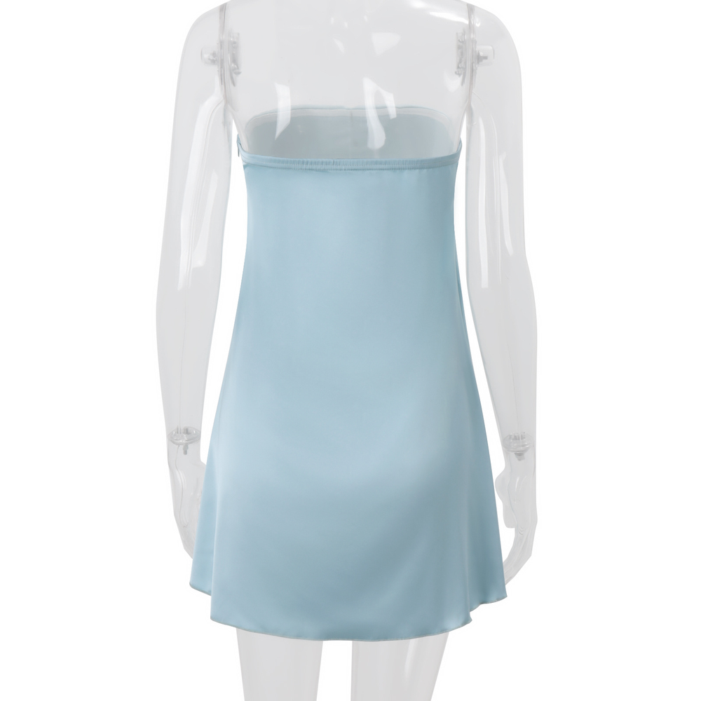 Wholesale Solid Natural Breathable Elegant Satin Strapless Collarless Bowknot Tie Front Mini A-Line Women's Dresses